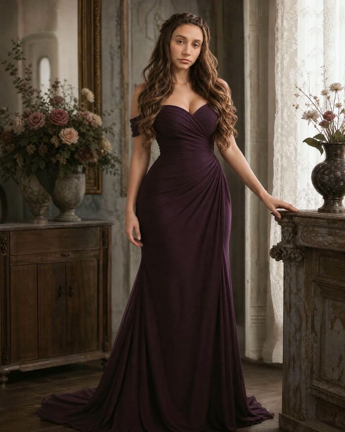 Founder, deep plum gown